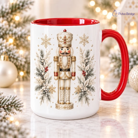 Coffee Mug, Ivory Nutcracker Holiday Design for Festive Sipping and Christmas Gifting