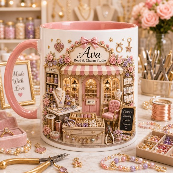 Coffee Mug Jewelry Making Studio Ceramic Cup for Craft Room Drinks and Bead Artists