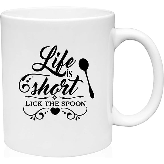 Coffee Mug Life Is Short Lick The Spoon Funny Cooking Quote Baking Kitchen White Coffee Mug Funny Gift Cup