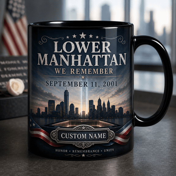 Coffee Mug Lower Manhattan Skyline Black Drink Cup for September 11 Remembrance Gift