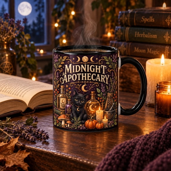 Coffee Mug Midnight Apothecary Black Cat and Potion Design for Spooky Sips, Halloween Gift