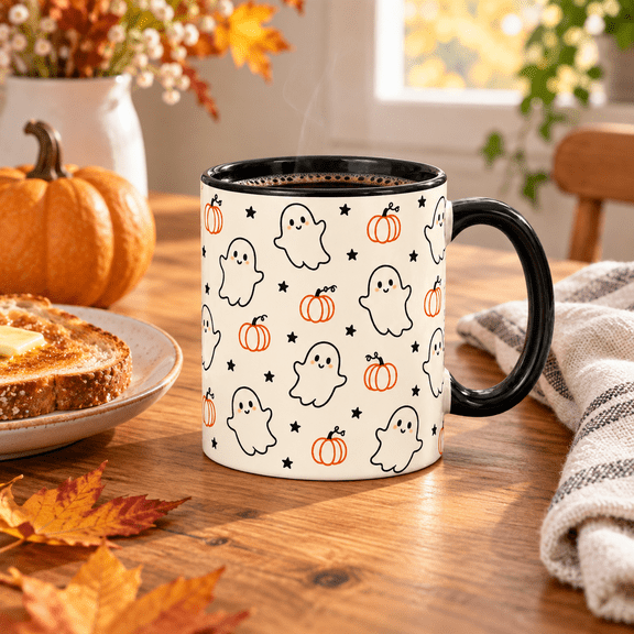Coffee Mug Minimal Ghost and Pumpkin Pattern, Cream Drinkware for Halloween Sipping, Spooky Season Gift