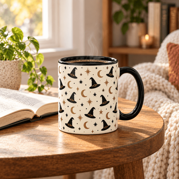 Coffee Mug Minimal Witch Hat, Moon and Star Pattern for Daily Drinks, Halloween Gift