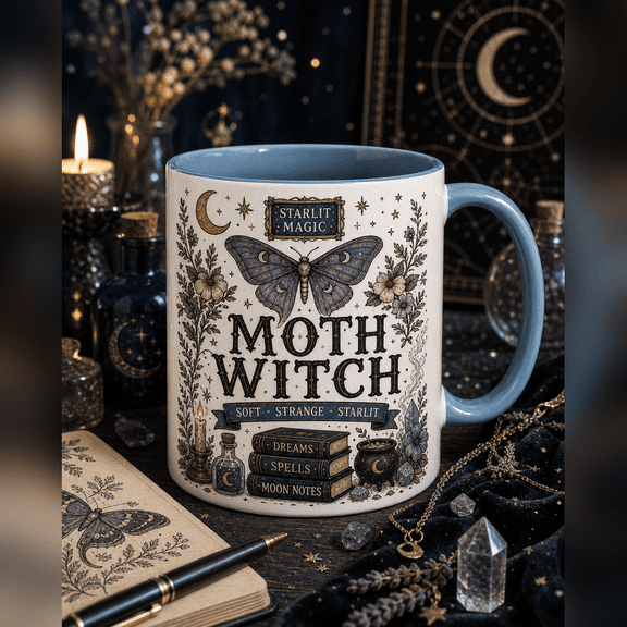 Coffee Mug Moth Witch Celestial for Morning Coffee and Tea Gothic Gift