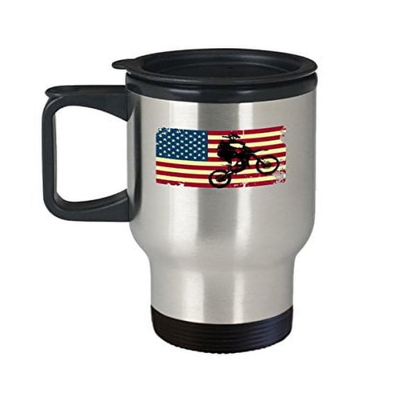 Coffee Mug Motocross - American Flag - Motorcycle Rider Gifts -14 Oz Stainless Steel Travel Cup