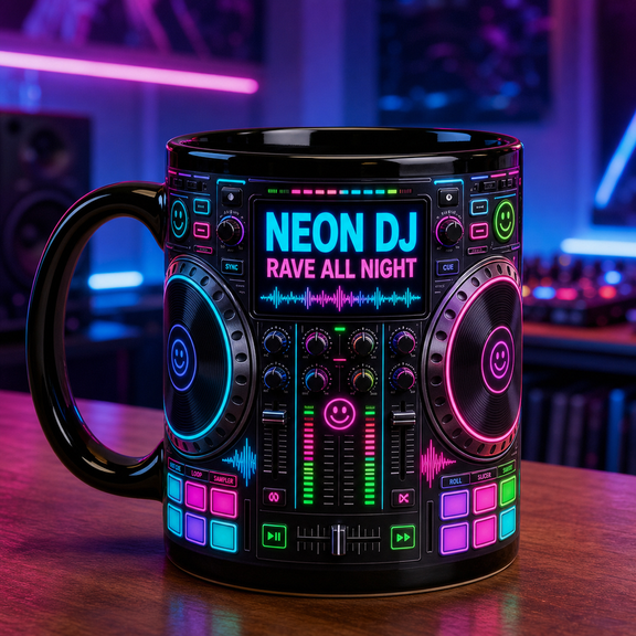 Coffee Mug Neon DJ Turntable Ceramic for Morning Coffee Rave Music Lovers