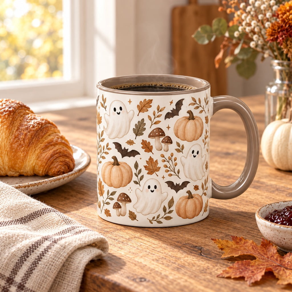 Autaum Patterns Coffee Mug Neutral Halloween Ghost Pumpkin Pattern for Hot Drinks ...