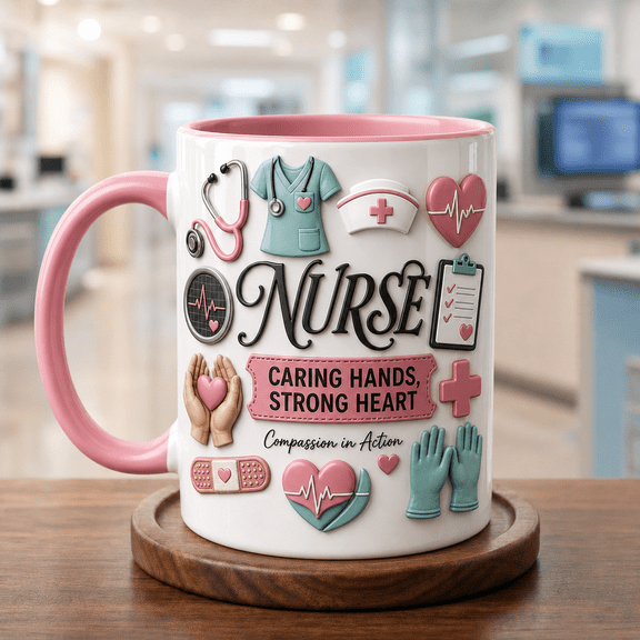 Coffee Mug Nurse Caring Hands Strong Heart Ceramic for Desk or Break Room Gift
