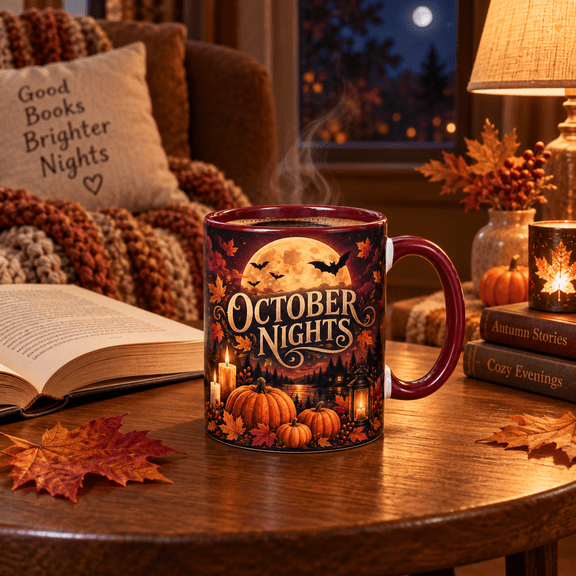 Coffee Mug October Nights Moon, Bats and Pumpkins for Cozy Fall Drinks, Halloween Gifts