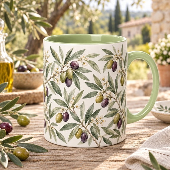 Coffee Mug Olive Branch and Fruit Pattern for Daily Drinks, Mediterranean Kitchen Gift