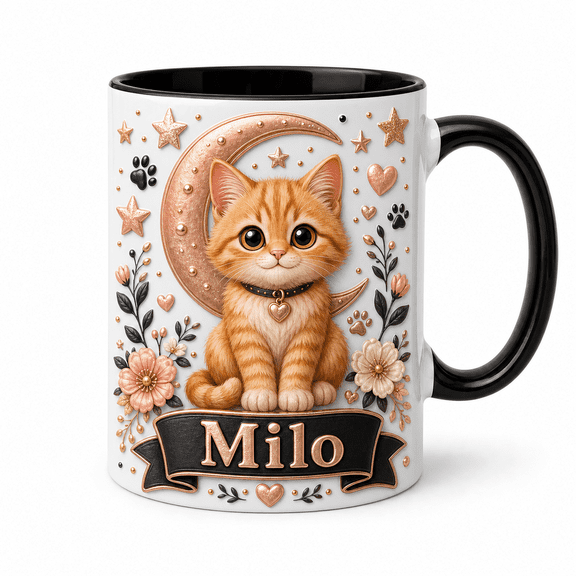 Coffee Mug Personalized Cat and Moon Ceramic Drinkware for Cat Lovers Halloween Gift
