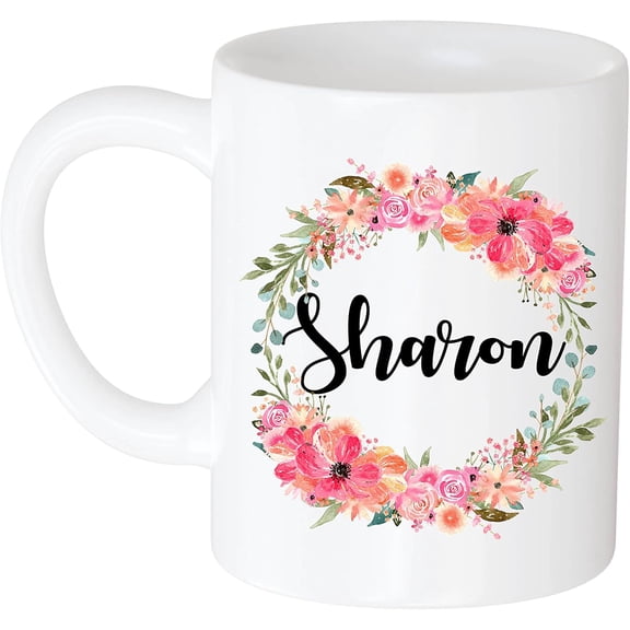 Coffee Mug Personalized Coffee Mug - Gift for Women, Customized Name Sharon Flower and Name 11oz White Mug 688805