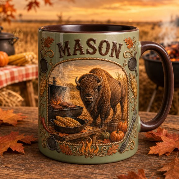 Coffee Mug Personalized Fall Buffalo BBQ Ceramic Cup for Morning Coffee and Grill Lovers