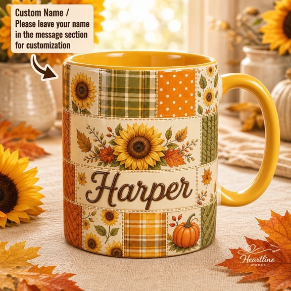Coffee Mug Personalized Sunflower Pumpkin Patchwork Ceramic for Coffee and Tea Thanksgiving Gift
