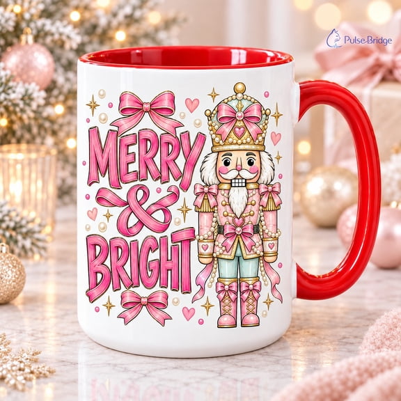 Coffee Mug, Pink Bow Nutcracker Merry and Bright, for Holiday Drinks, Christmas Gift