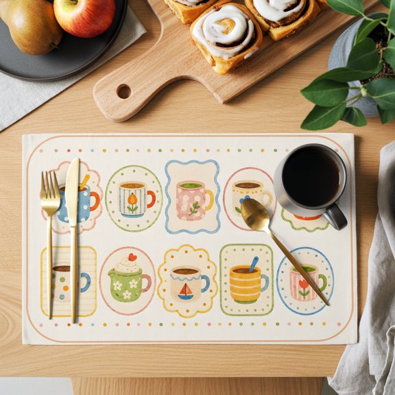 Coffee Mug Placemats Set of 1, Afternoon Tea Cup Flower Stem Flower Pattern Beige Non-Slip Place Mats Washable Table Mats for Kitchen Dining Table Decorations Indoor/Outdoor