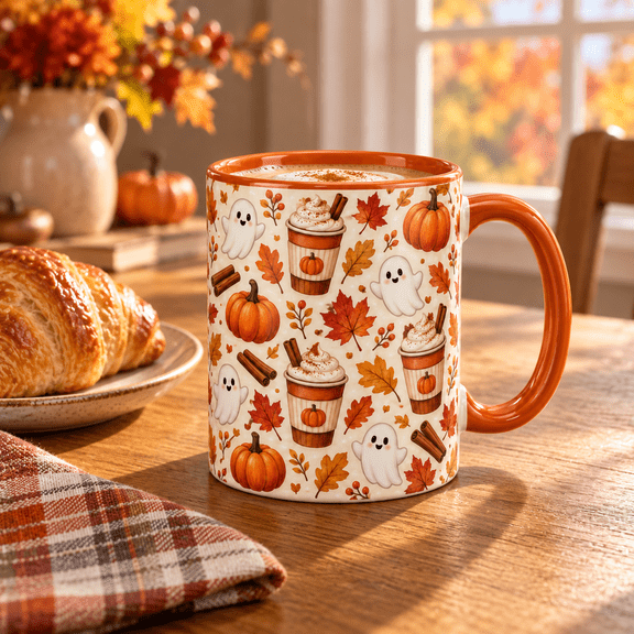 Coffee Mug Pumpkin Latte Ghost Pattern, Orange Rim and Handle for Fall Drinks, Halloween Gift