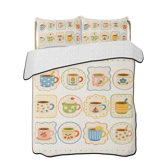 Coffee Mug Quilts Bedding Set Full Size Afternoon Tea Cup Flower Stem Flower Pattern Beige Lightweight Quilted Bedspread 3 Piece Bed Quilt with 2 Pillow Shams All Season for Bedroom 68" x 98"