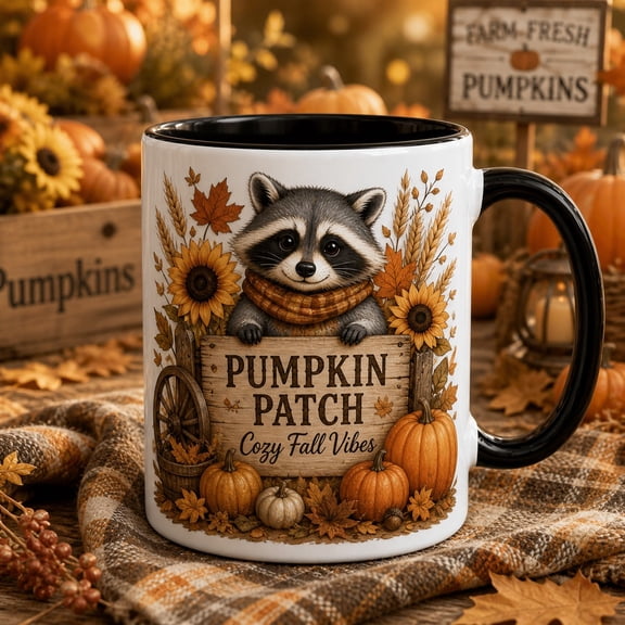 Coffee Mug Raccoon Pumpkin Patch Ceramic Cup for Fall Drinks and Cozy Autumn Gift