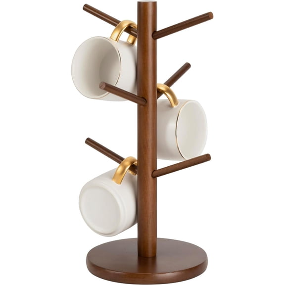 Coffee Mug Rack, Coffee Tree Mug Holders Countertop, Sturdy Wood Coffee Tree Mug Holder Stand with 6 Hooks, Non-Slip Mug Rack for Home Storage and Organizer, Nut-brown