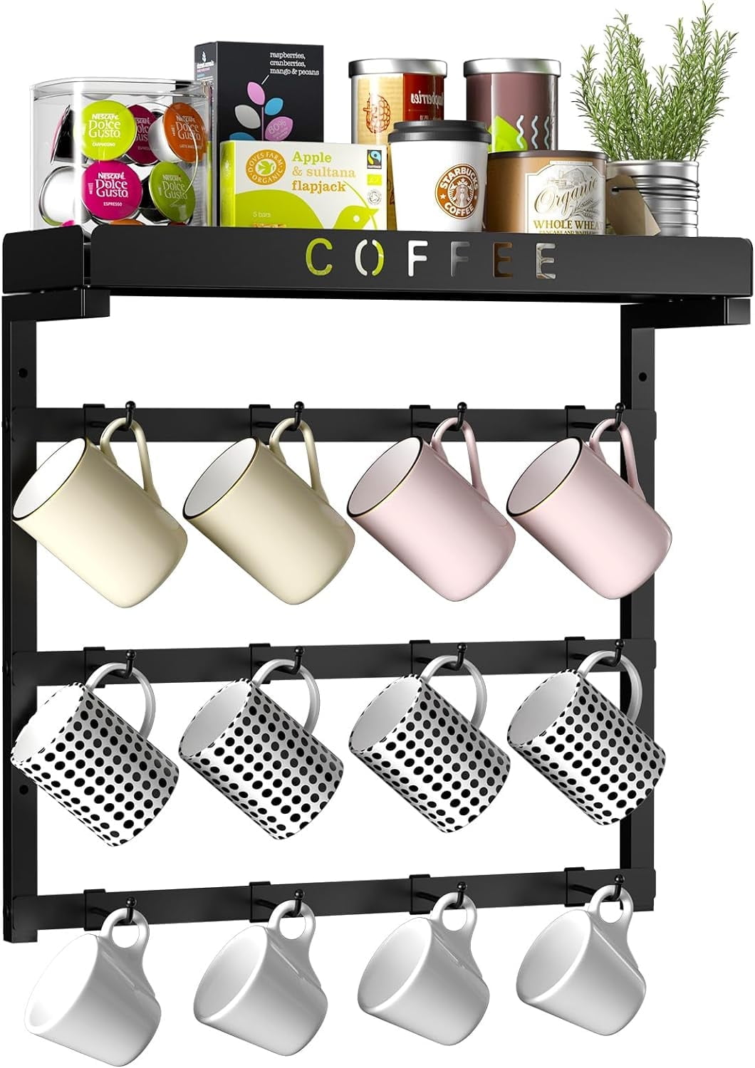Round Mug Wall Rack BOIVSHI Wall Mounted Coffee Mug Rack with Adjustable 12 Cup Hooks and ...