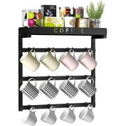 Coffee Mug Rack Wall Mounted,Adjustable 12 Coffee Cup Hooks,Mug Holder Rack Basket Storage Shelf for Coffee Pods Sugar Bags & More