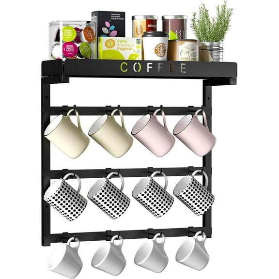 Coffee Mug Rack Wall Mounted,Adjustable 12 Coffee Cup Hooks,Mug Holder Rack Basket Storage Shelf for Coffee Pods Sugar Bags & More