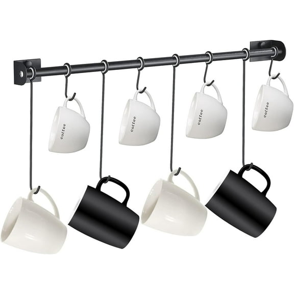 Coffee Mug Rack Wall Mounted Modern Hanging Tea Cup Holder Metal 15.7 Inch Rail with 8 Utensil Hooks Rustic Storage Hanger for Cafe Bar Dining Corner Nook Matte Black
