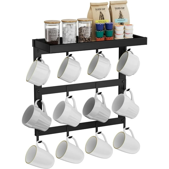 Coffee Mug Rack Wall Mounted, Rustic Metal Mug Holder Organizer with 12 ...