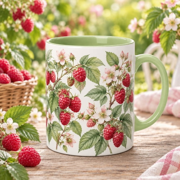 A Rasbery Coffee Mug Raspberry Branches and Soft Blossoms for Garden Lovers ...