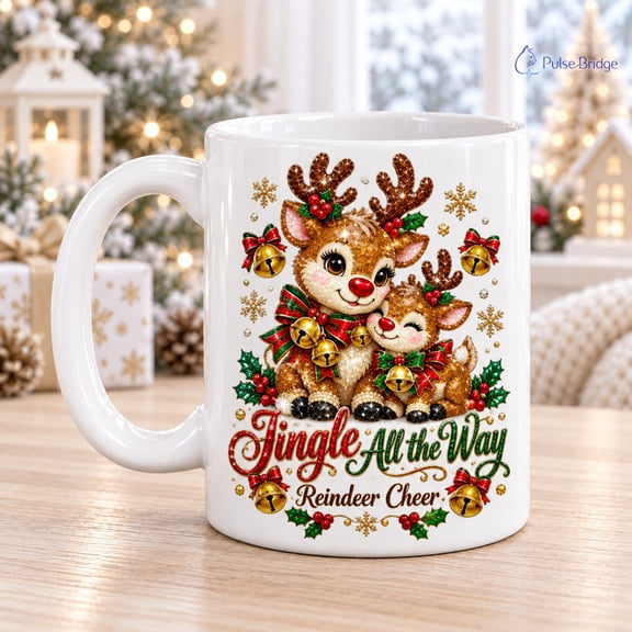 Coffee Mug Reindeer With Jingle Bells for Christmas Sipping, Holiday Gift
