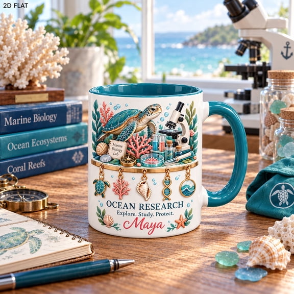 Coffee Mug Sea Turtle Coral Microscope Ceramic Personalized Name for Marine Biologists