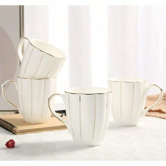 Coffee Mug Set of 4 13.5oz Luxury British Design with Handcrafted Golden Trims 1stClass Bonechina White and Gold Cup Set for Coffee TeaMilk BeautifulGraceful Top Fine Porcelain Cups