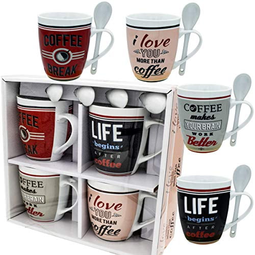 Retro Multicolor Ceramic Coffee Mug Set with Spoons, 10 oz