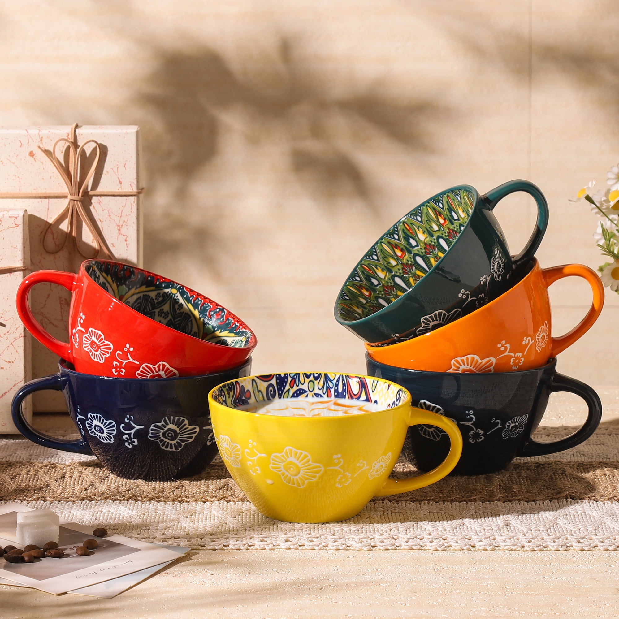 Coffee Mug Set of 6, 14 oz Coffee Mug Ceramic with Handle, Porcelain Tea Cups Set, 6 Pcs Coffee Cups for Cappuccino, Latte, Espresso, Microwave & Dishwasher Safe, Ideal Gift for Your Love