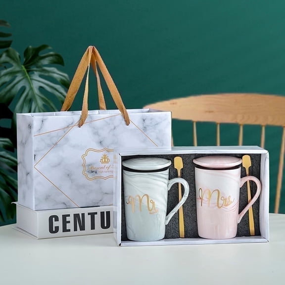 Coffee Mug Set, Perfect Wedding Gifts for Couples, and Anniversary Presents, Ceramic Marble 14 oz