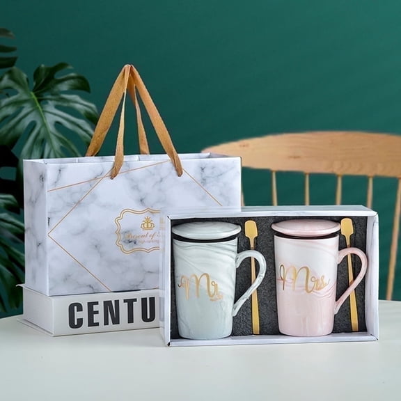 Coffee Mug Set, Perfect Wedding Gifts for Couples, and Anniversary Presents, Ceramic Marble 14 oz