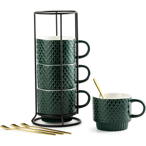 Coffee Mug Set Porcelain Stackable Coffee Mugs with Stand and Spoons, 13 OZ. Cappuccino Cup Demitasse Cups for Drinks, Espresso, Latte,Set of 4, Dark Green