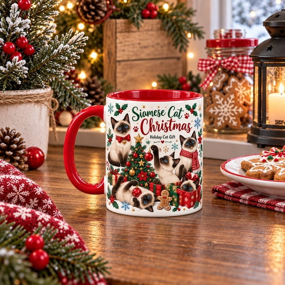 Coffee Mug Siamese Cat Christmas Ceramic for Hot Drinks, Gift for Feline Lovers