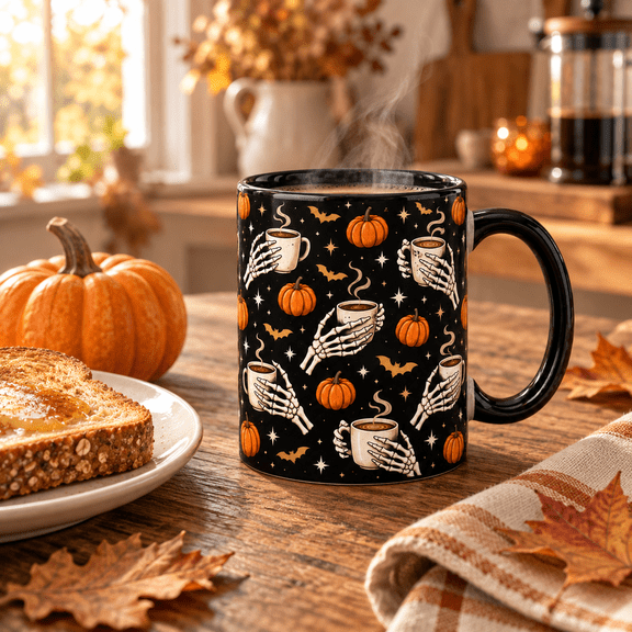 Coffee Mug Skeleton Hands with Pumpkins, Bats and Stars, Black Drinkware for Halloween Fans