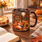 Coffee Mug Sleeping Fox, Pumpkin and Autumn Cottage for Cozy Drinks, Nature Lover Gift