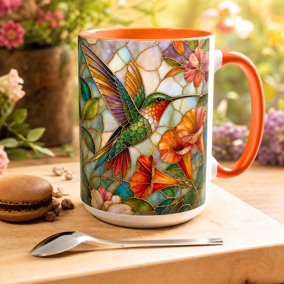 Coffee Mug Stained Glass Hummingbird Floral Ceramic for Coffee and Tea Bird Lovers