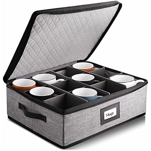 Coffee Mug Storage, Quilted and Stackable Coffee Cup Storage Organizer for Service of 12, Mug Storage Box with Dividers, Mug China Storage Containers Hard Shell for Moving and Seasonal Storage