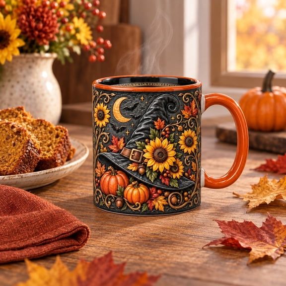 Coffee Mug Sunflower Witch Hat with Pumpkins and Bats for Cozy Fall Sips, Halloween Gift