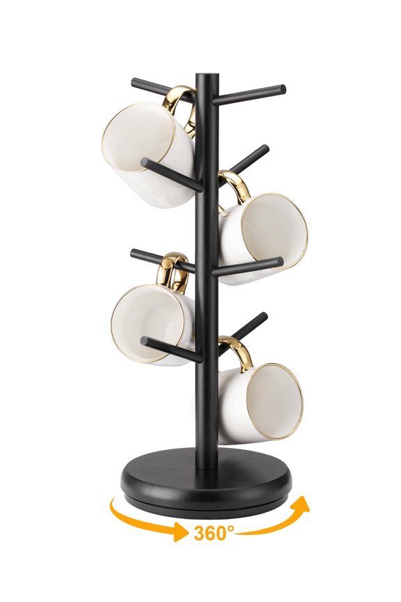 360 Rotating Coffee Cup Holder Tree, 8-Hook Wooden Mug Rack Stand for Kitchen Counter Organizer
