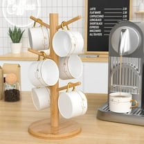 Coffee Mug Tree,6-Hook Bamboo Mug Holder,Wooden Coffee Cup Holder,Sturdy Mug Tree Rack Stand Ideal for Counter Organizer,Natural