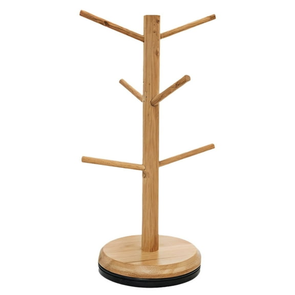 Coffee Mug Tree with 6 Hooks, Rotatable Freestanding Wooden Coffee Cup Holder, Space-saving Kitchen Organizer, Ideal for Kitchen Countertops, Wood Color