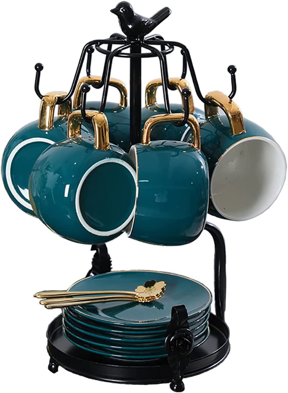 Coffee Mug Tree Stand - Holds 6 Mugs, Countertop Cup Rack With Hooks, Black Metal