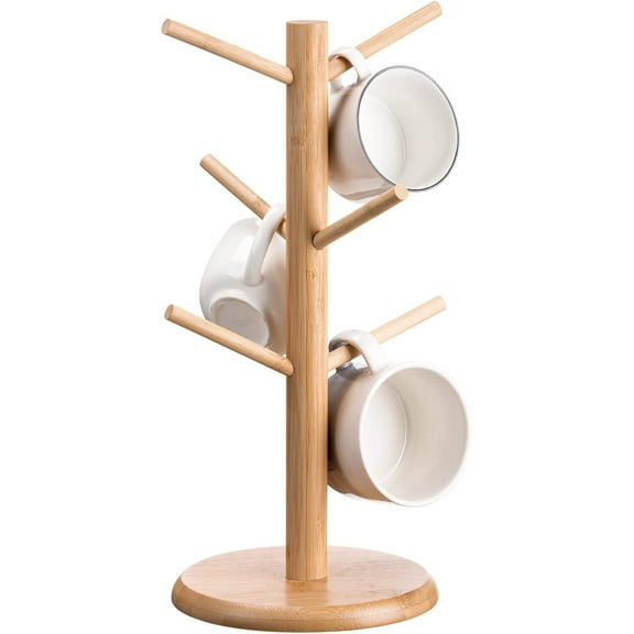 Coffee Mug Tree with 6 Hooks, Mug Tree Stand, Wood Coffee Cup Holder, Countertop Mug Tree for Counter (Natural)