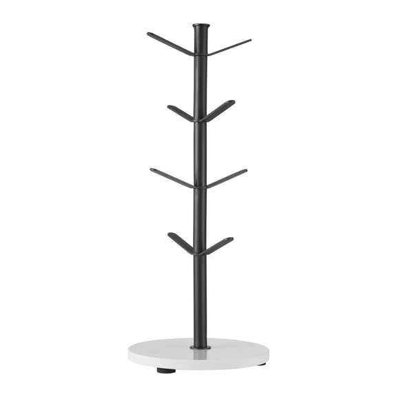 Coffee Mug Tree with Marble Base - 8 Cup Holder for Counter - Carbon Steel Mug Rack - Matte Black Kitchen Organizer